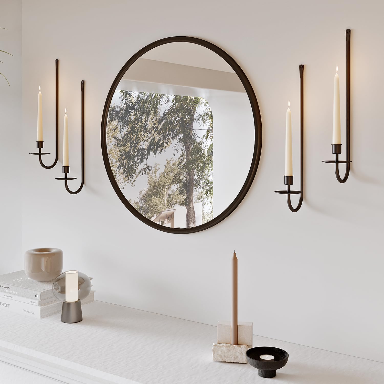 Metal Wall Candle Sconce Holder Set of 2 Wall Mount Candle Holder Pillar Holder Brass Modern Wall Candle Sconces Hanging for Living Room Farmhouse Fireplace Wedding