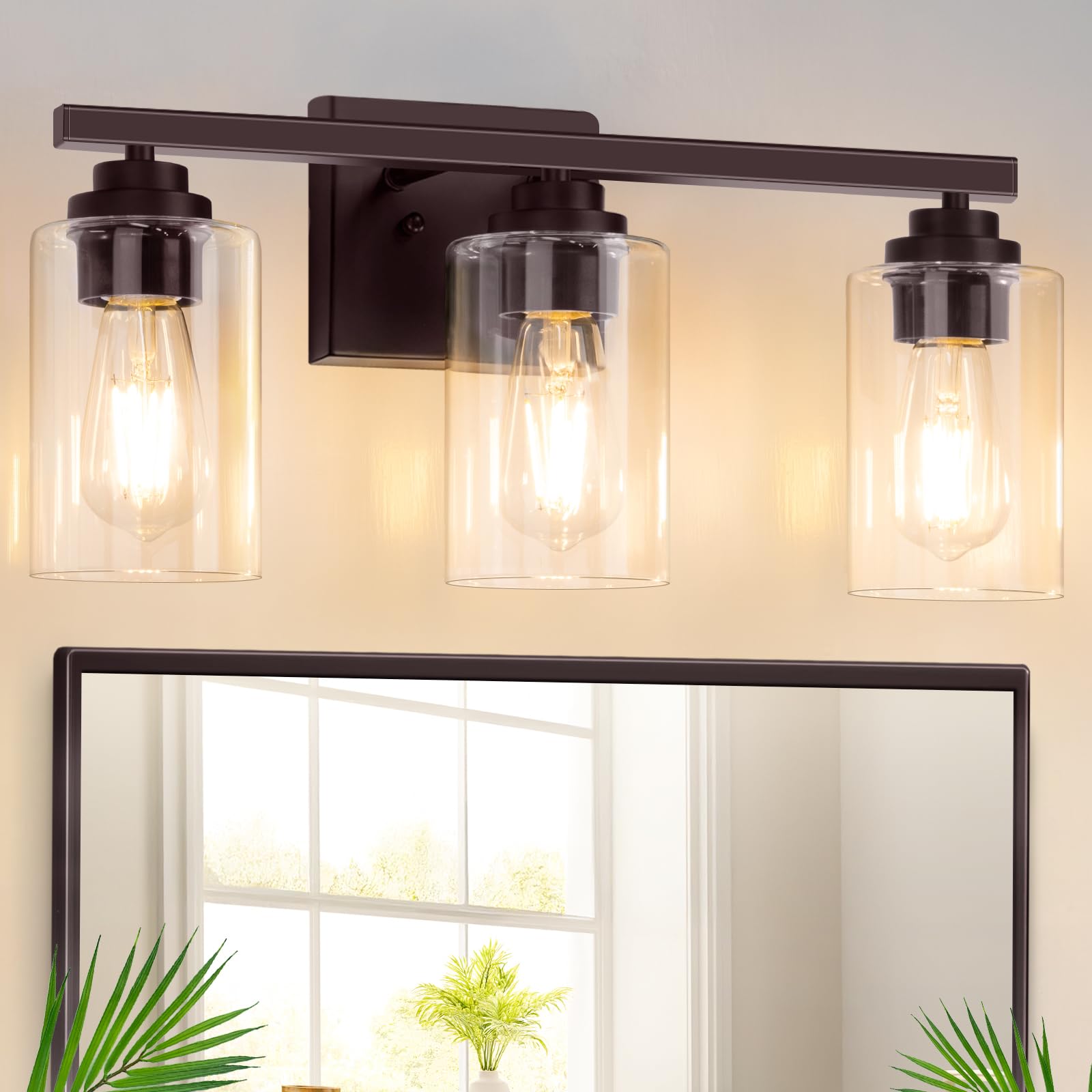 Set of 2 Wall Sconces for Bathroom, Modern Vanity Light Fixtures, Matte Black Wall Mount Lighting Lanterns, Farmhouse Wall Lights with Clear Glass Shade for Bedroom Living Room Mirror Hallway Kitchen