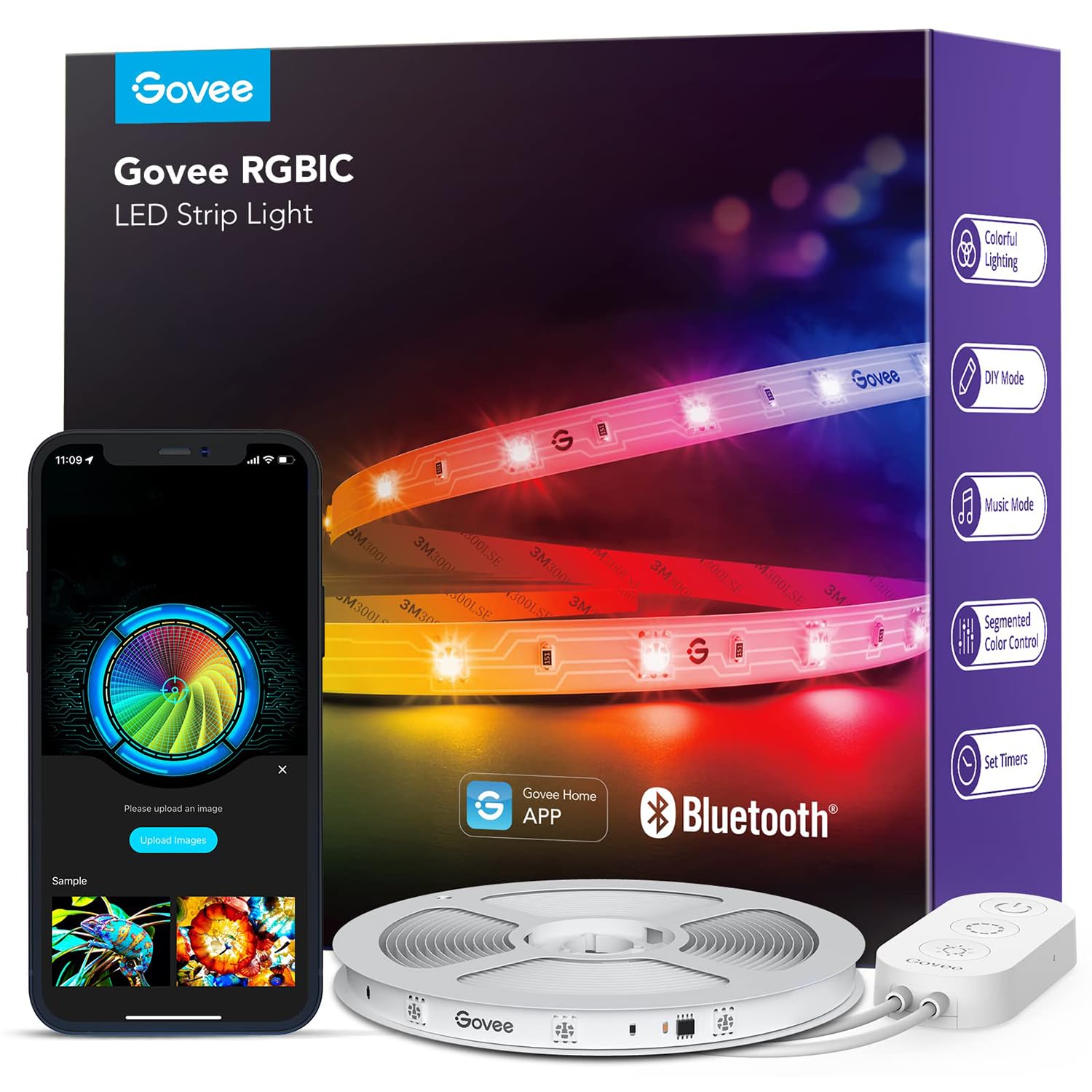 Govee RGBIC LED Strip Lights, 32.8ft Smart LED Lights for Bedroom, Bluetooth LED Lights APP Control, DIY Multiple Colors on One Line, Color Changing LED Strip Lighting Music Sync, Home Decor