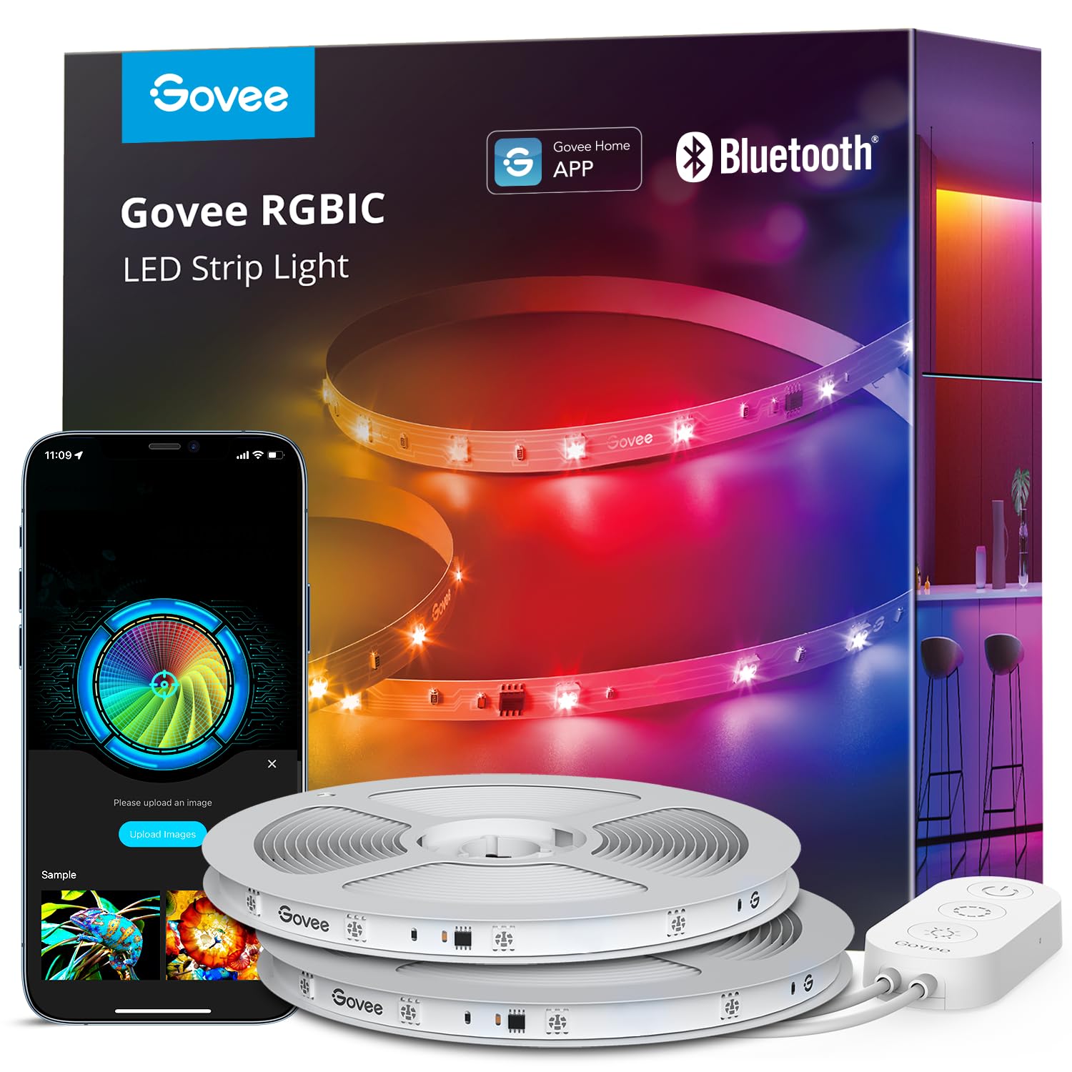 Govee RGBIC LED Strip Lights, 32.8ft Smart LED Lights for Bedroom, Bluetooth LED Lights APP Control, DIY Multiple Colors on One Line, Color Changing LED Strip Lighting Music Sync, Home Decor