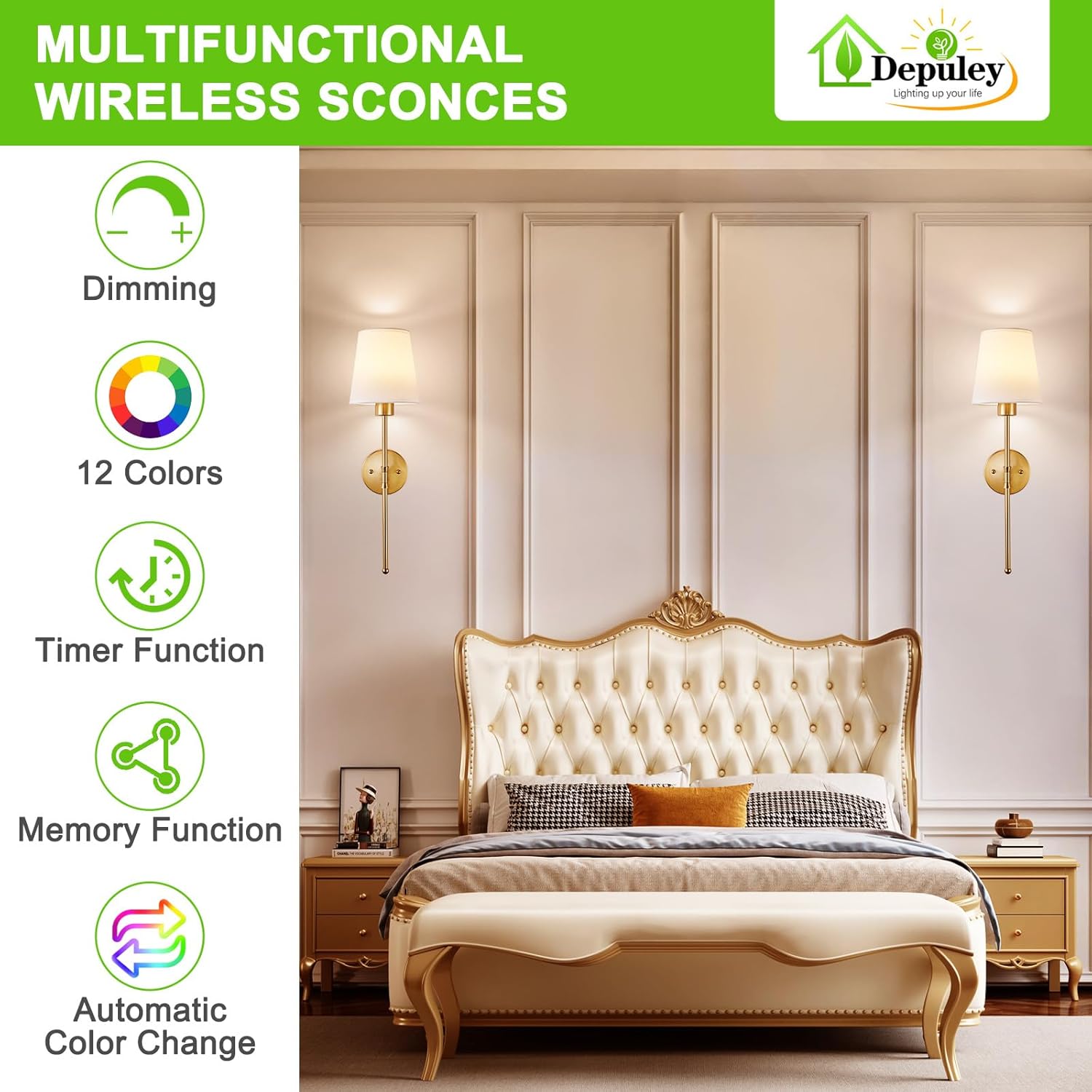 Depuley Battery Operated Wall Sconce: Set of 2 Wireless Wall Lights with 10000mAh Dimmable Bulbs and Remote for Bedroom - Rechargeable 15 Colors Gold Wall Lamp for Living Room Hallway