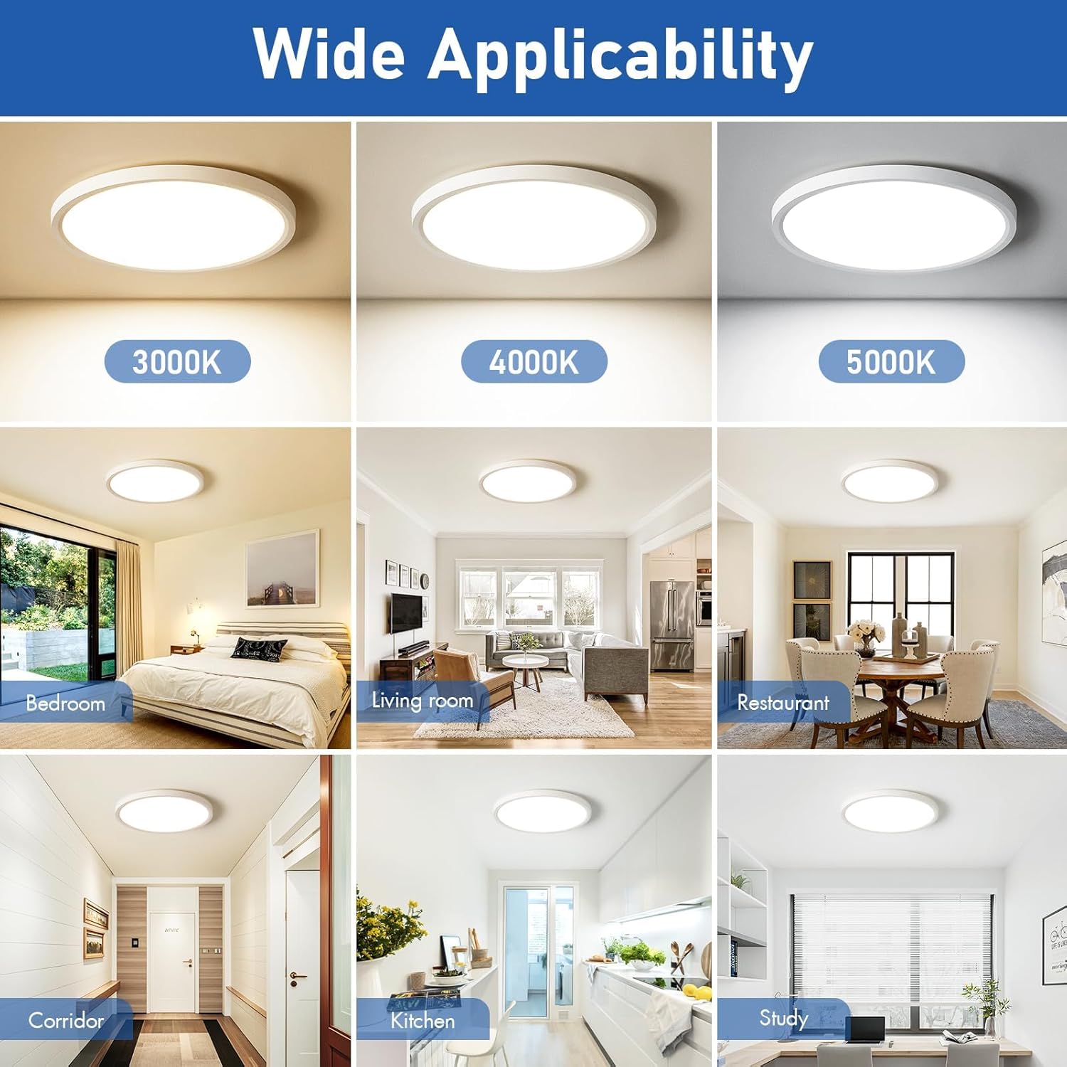 6 Pack 12 Inch Slim Dimmable LED Flush Mount Ceiling Light Fixtures, 24W 2640LM 3000K/4000K/5000K, House Upgrade Led Lights for Bedroom Hallway Laundry Room Rental Units, 240W Equiv., White