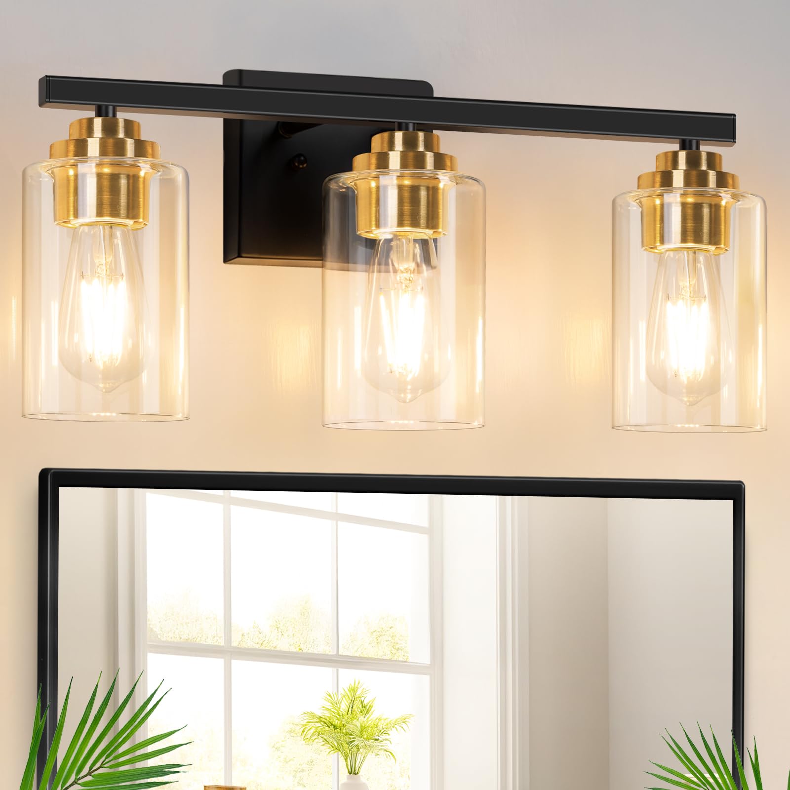 Set of 2 Wall Sconces for Bathroom, Modern Vanity Light Fixtures, Matte Black Wall Mount Lighting Lanterns, Farmhouse Wall Lights with Clear Glass Shade for Bedroom Living Room Mirror Hallway Kitchen