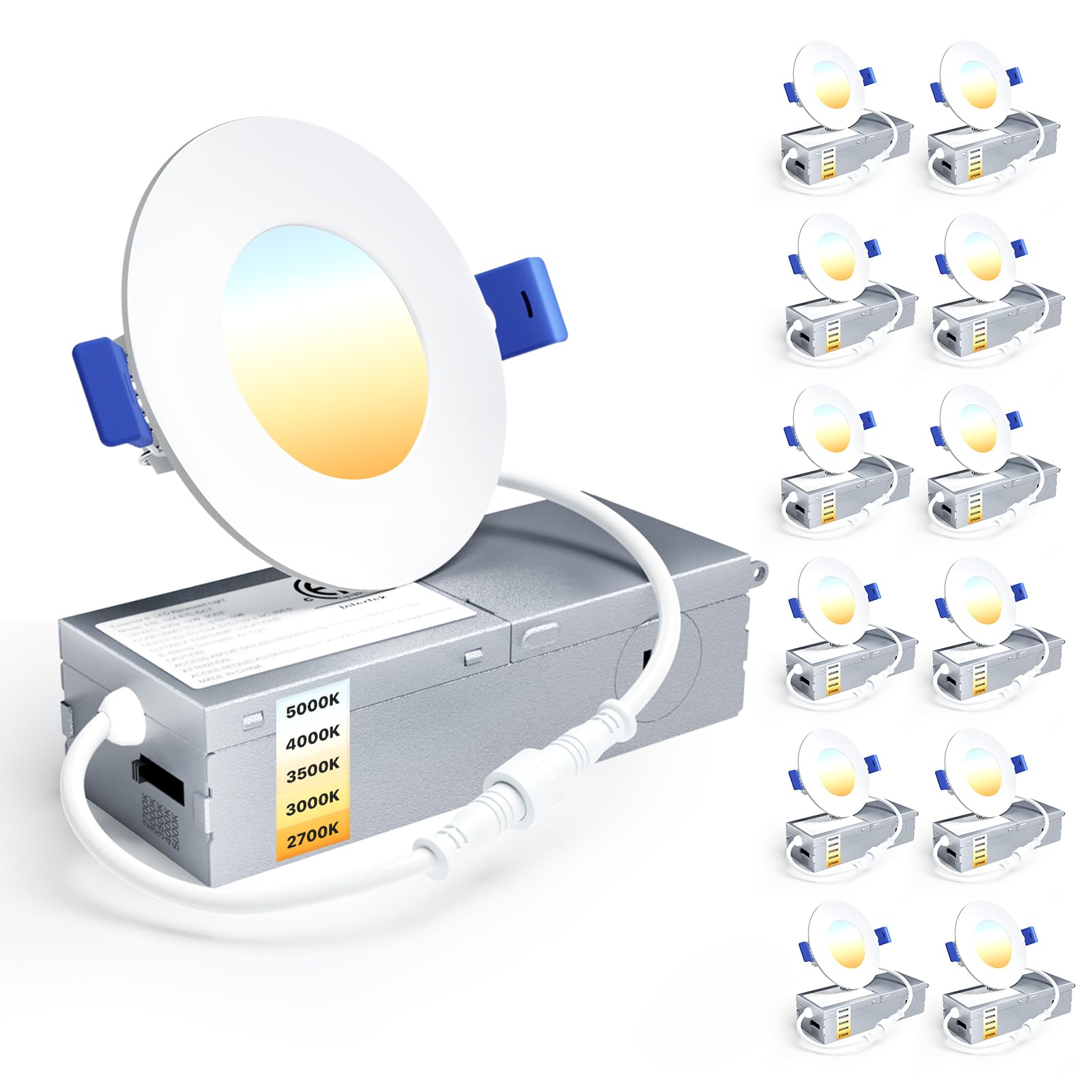 Ensenior 12 Pack 6 Inch LED Recessed Ceiling Light, Dimmable, 2700K-5000K 5CCT, 1200LM 12W 120V, High Brightness Canless Wafer Downlight - ETL&FCC&IC