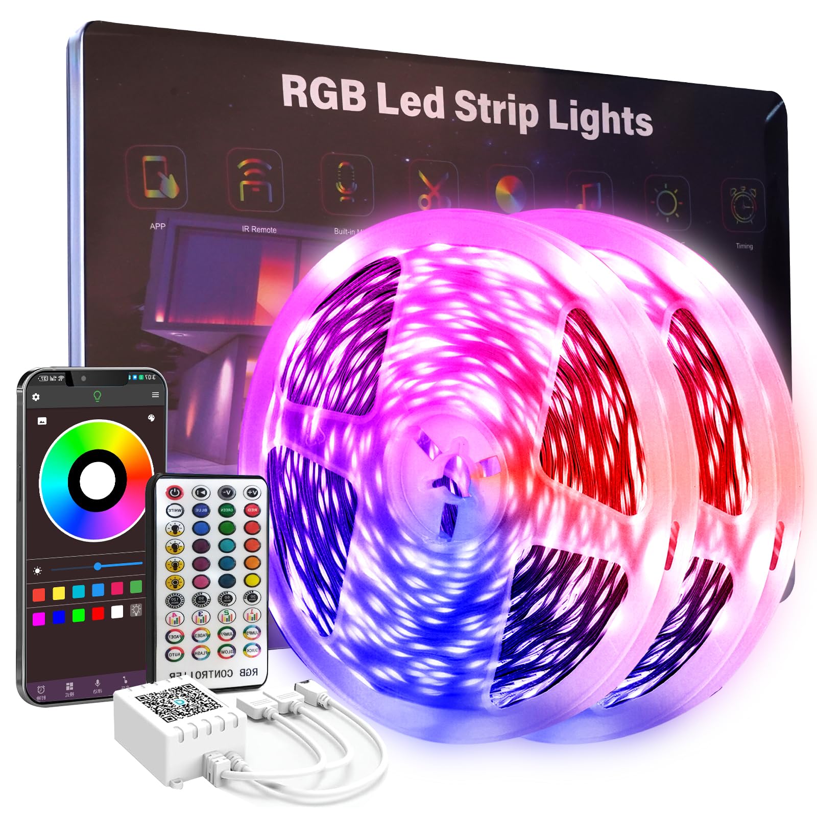 200 FT Led Lights for Bedroom (2 Rolls 100 FT), Music Synchronized Smart Led Strip Lights, Ultra Long with Remote Application Control Bluetooth LED Lights, Color Change RGB Light