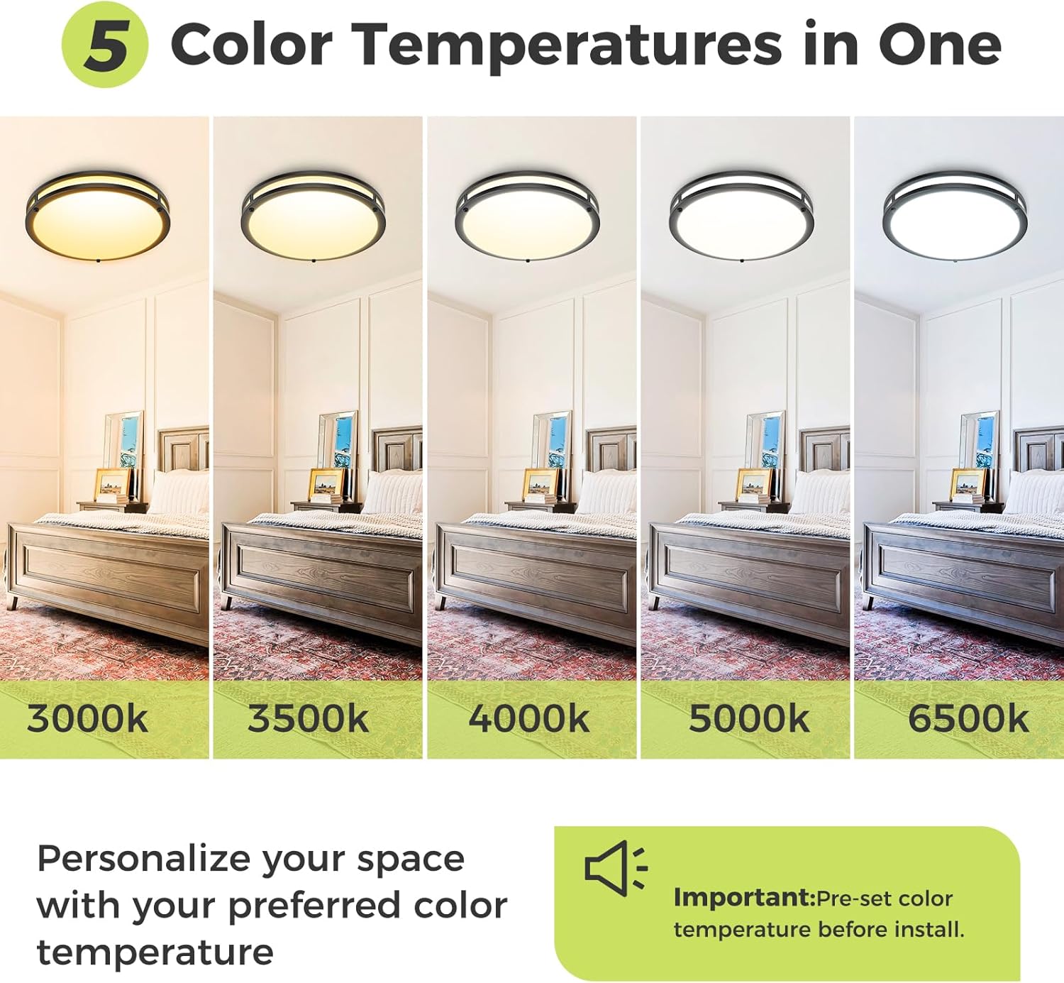hepside 13inch Flush Mount Ceiling Light Fixture 2 Pack, Dimmable & 5CCT Ceiling Light Black, 24W 3000K 3500K 4000K 5000K 6500K Adjustable Ceiling Lamps for Bathroom Bedroom Hallway