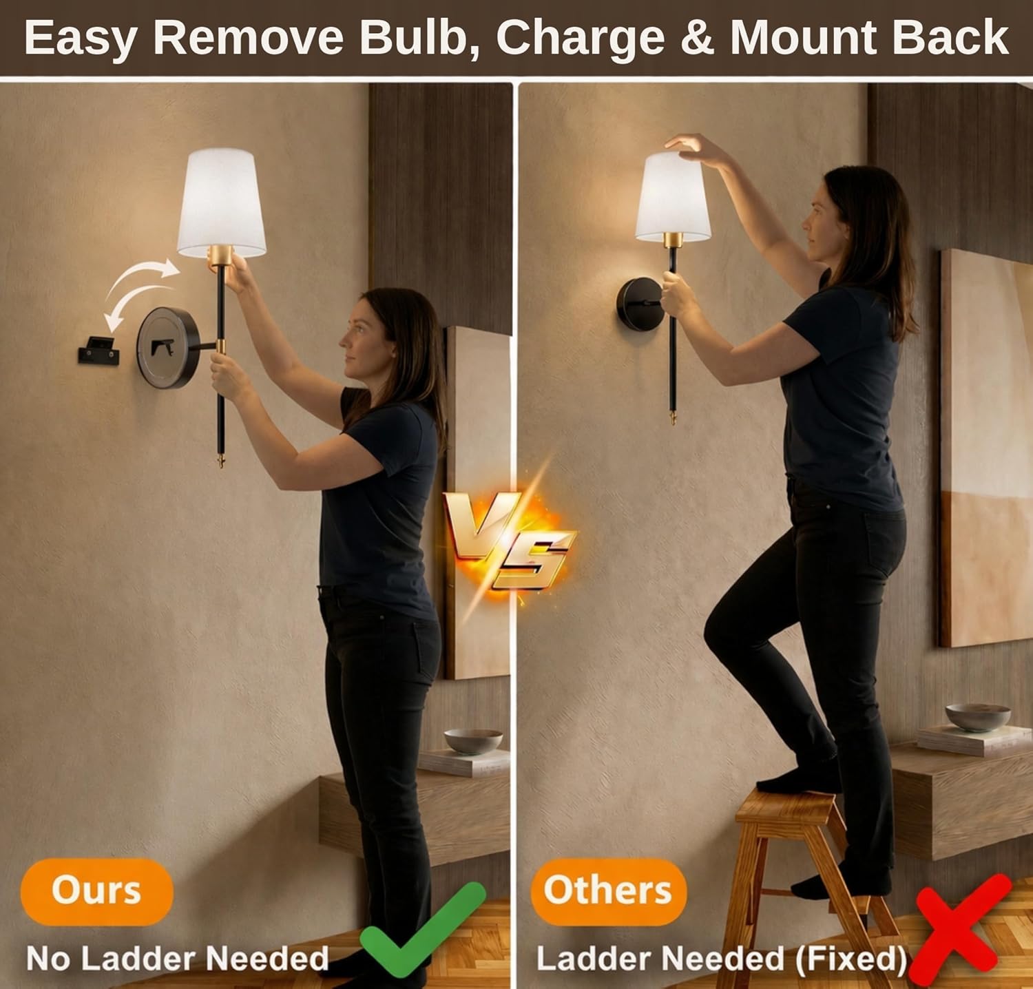 IRONPAX Wall Sconces Battery Operated Set of 2, Wireless Rechargeable Wall Sconce Set of Two, Dimmable Wall Lights with Remote for Bedroom Living Room Hallway Decor (Gold, Fabric Shade)