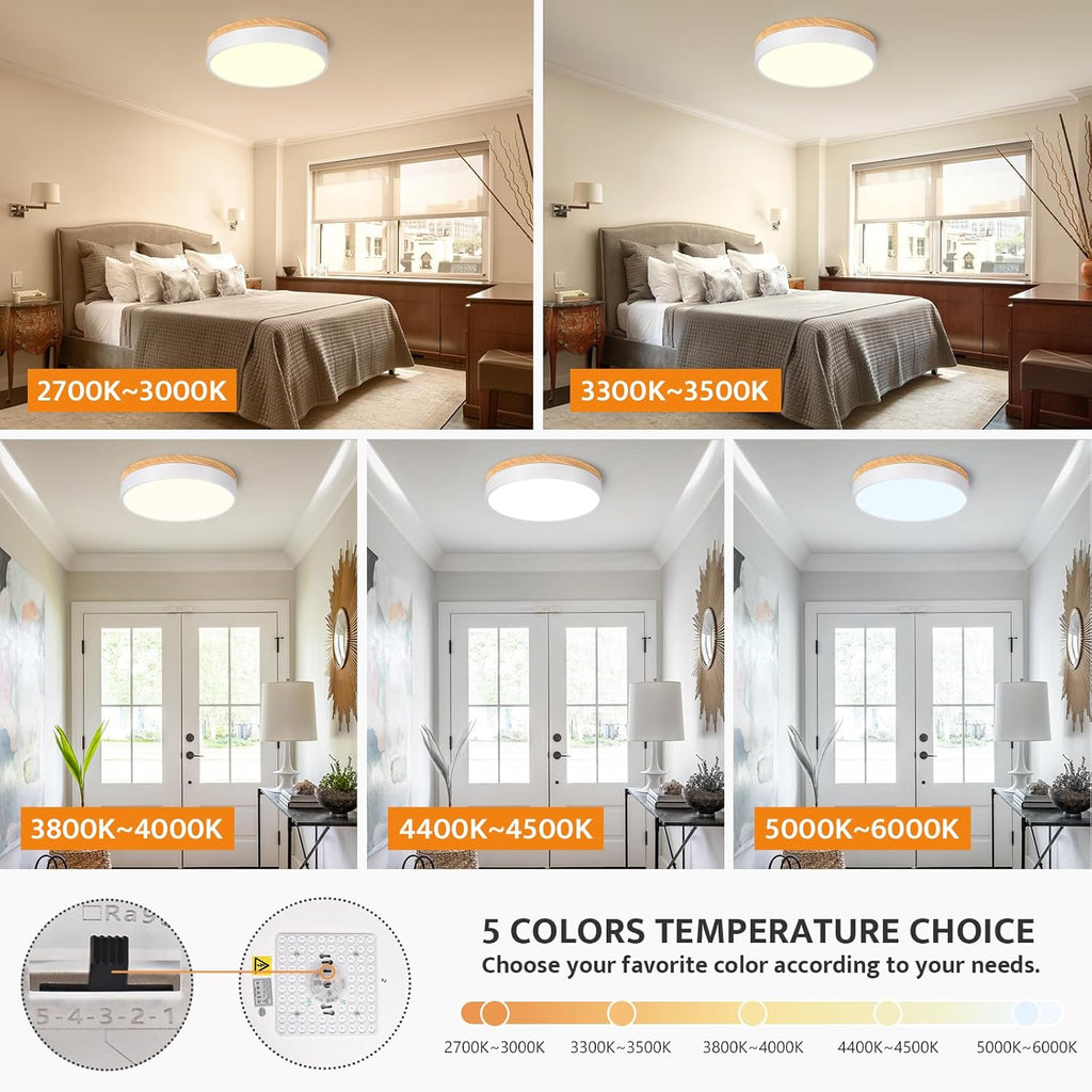 Yiisem Dimmable Wood LED Flush Mount Ceiling Light, 5CCT 2700K-6000K Modern Round Close to Ceiling Lighting Fixtures, Minimalist White Ceiling Lamp for Bedroom, Kitchen, Hallway, Laundry Room