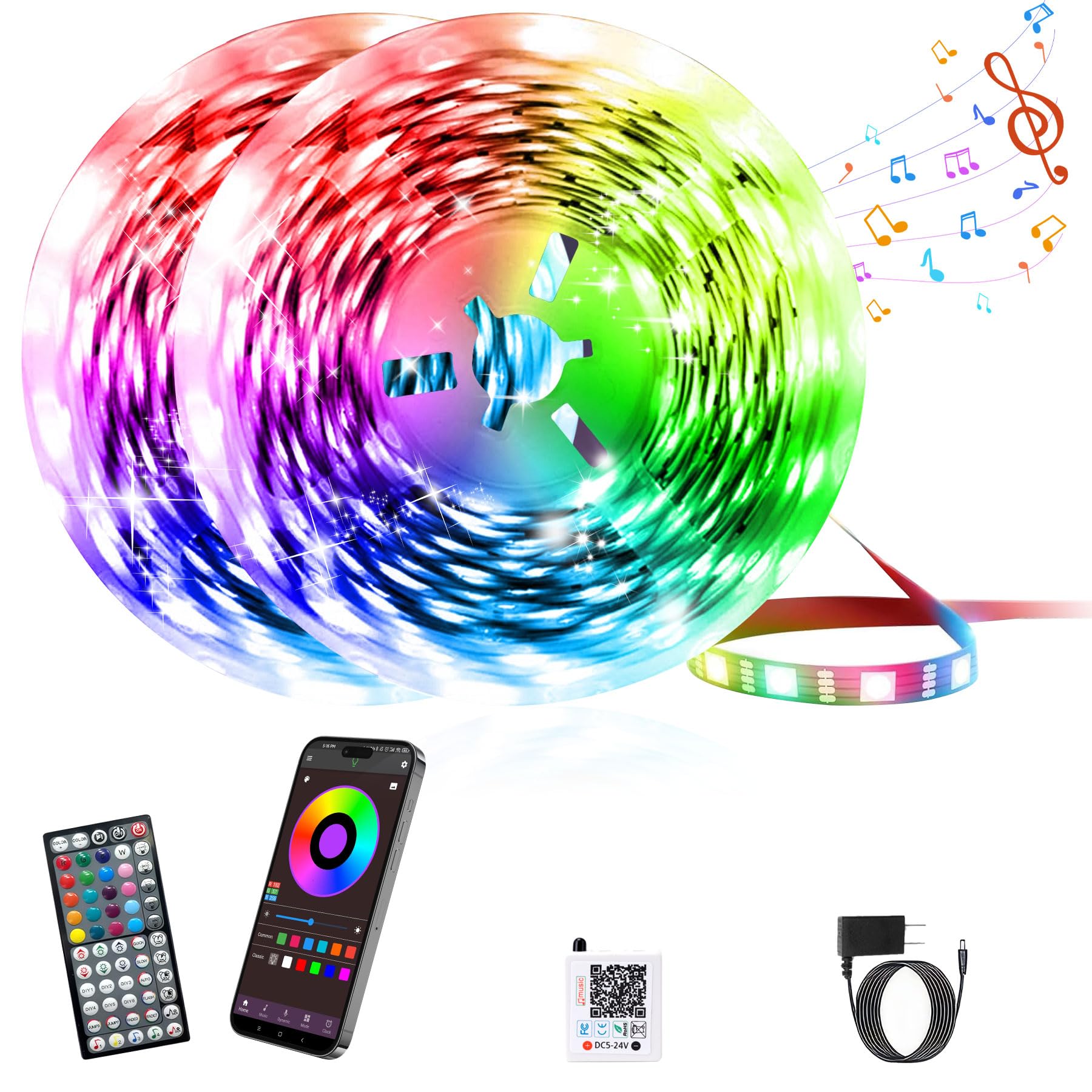 GANZQH Led Lights for Bedroom 50FT, RGB Led Strip Lights Color Changing Indoor, Music Sync Led Light Strip with Remote & App Control, DIY Fancy Led Lights for Room Decor Ambient Lighting (1 * 50FT)