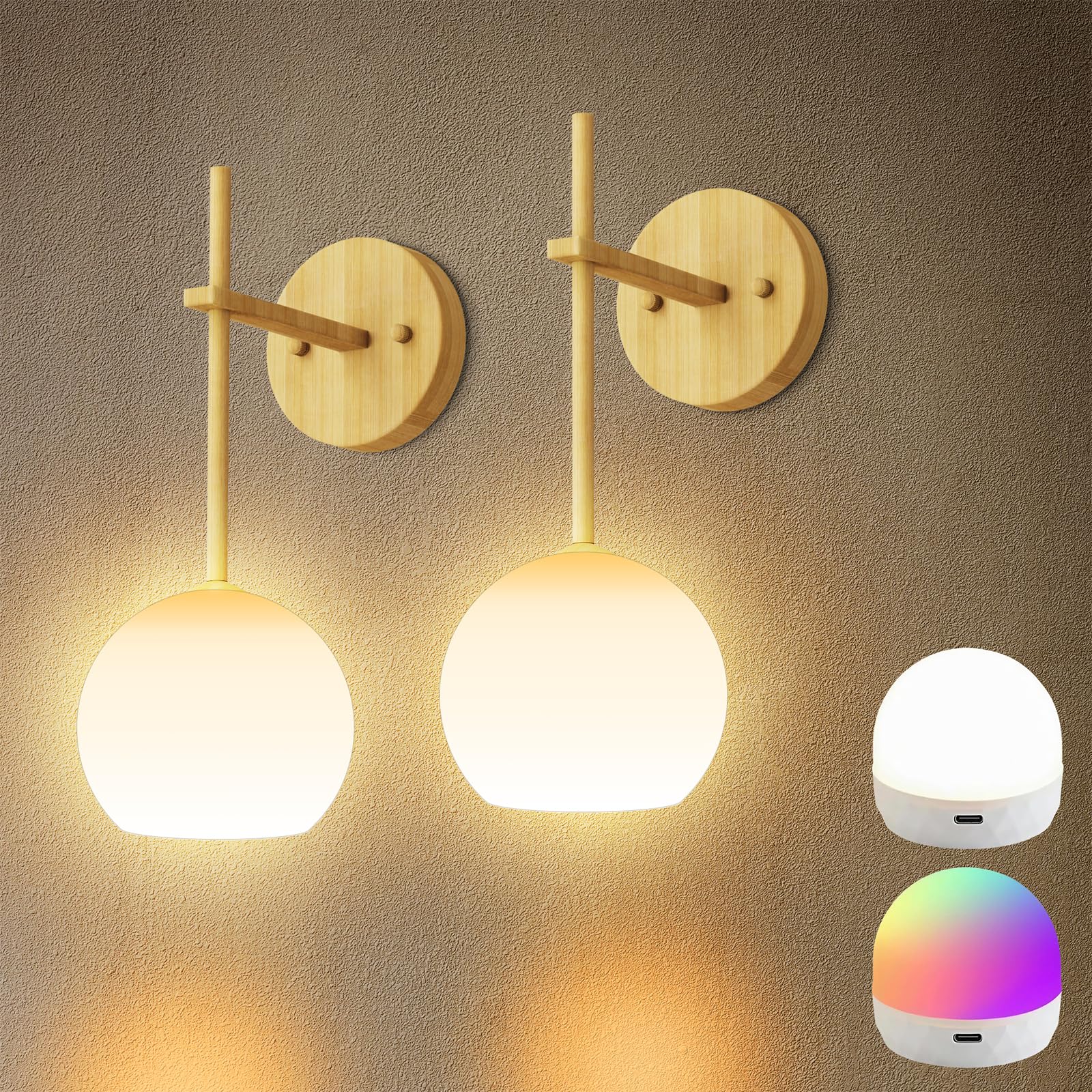 Gold Battery Operated Wall Sconces Set of 2, Rechargeable Wireless Wall Lights with Milky White Frosted Glass Shade, 12 RGB and 3CCT Dimmable, Wall Lamps with Remote for Bedroom Living Room Hallway