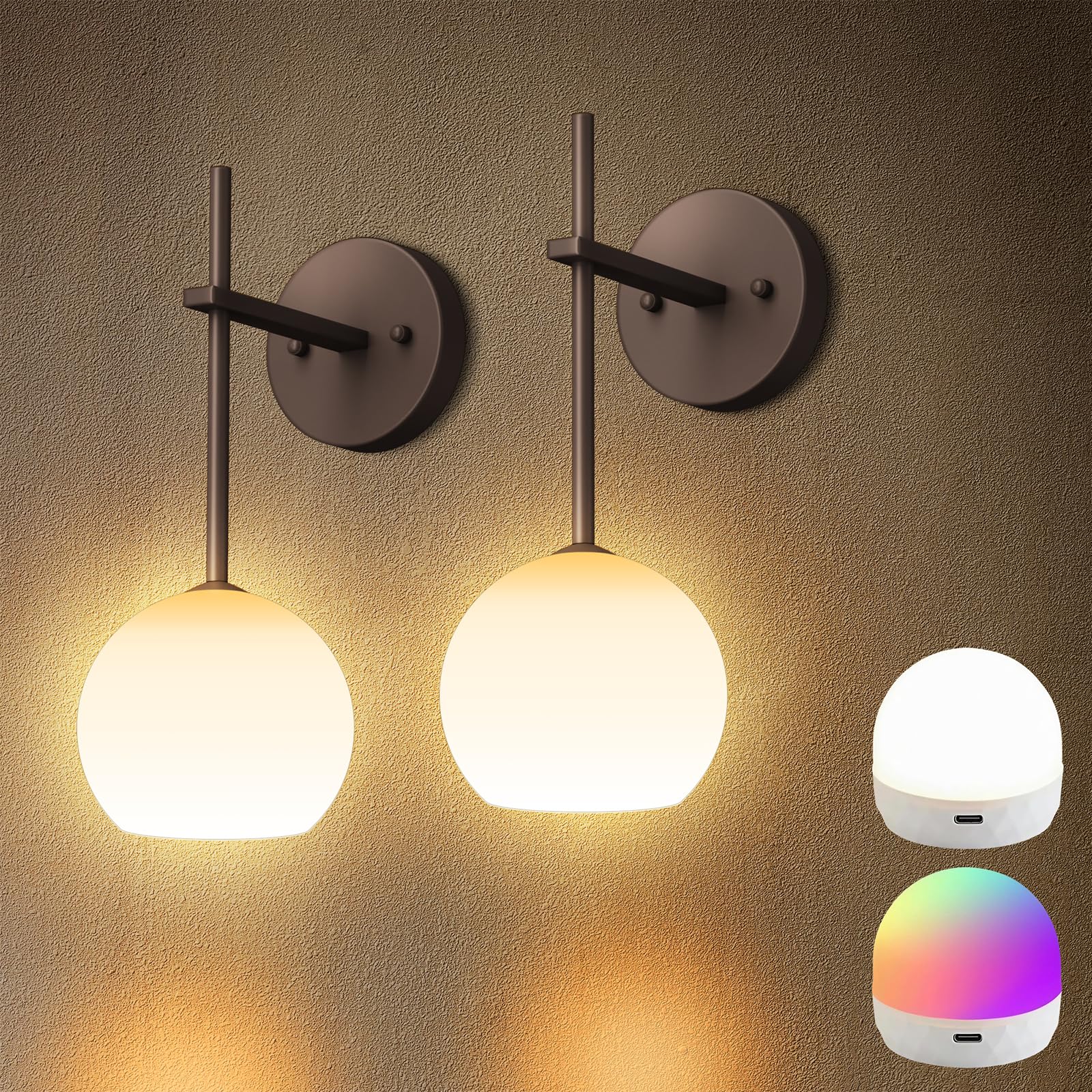 Gold Battery Operated Wall Sconces Set of 2, Rechargeable Wireless Wall Lights with Milky White Frosted Glass Shade, 12 RGB and 3CCT Dimmable, Wall Lamps with Remote for Bedroom Living Room Hallway