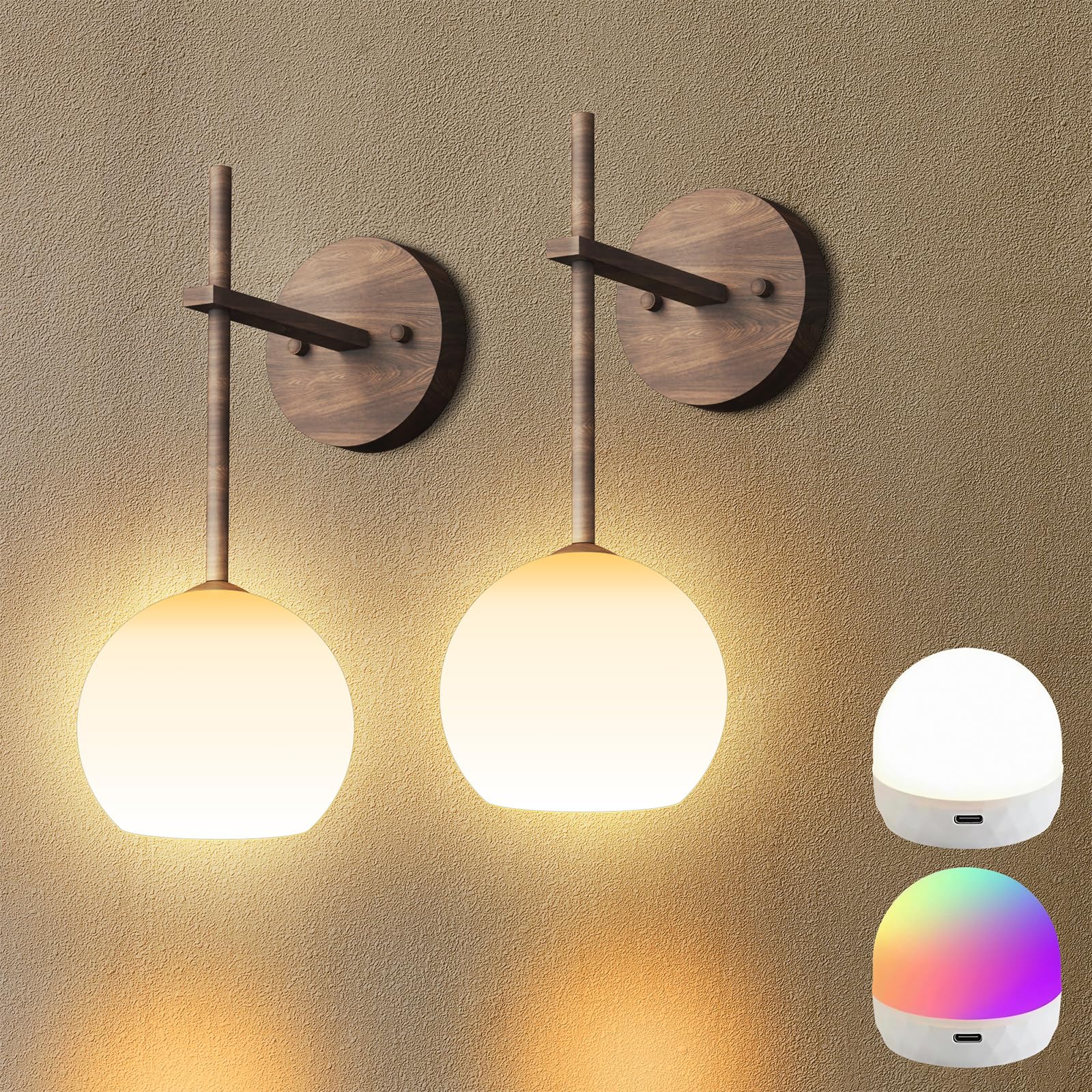 Gold Battery Operated Wall Sconces Set of 2, Rechargeable Wireless Wall Lights with Milky White Frosted Glass Shade, 12 RGB and 3CCT Dimmable, Wall Lamps with Remote for Bedroom Living Room Hallway
